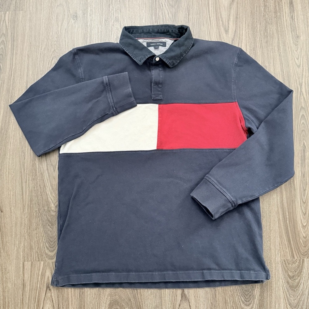 Tommy Hilfiger Rugby Shirt Men's XL Colorblock Long Sleeve Preppy Classic Y2K